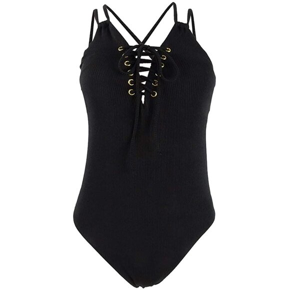 Hula Honey Shimmer Rib Lace-up One-Piece Swimsuit in Black NWOT Small - Picture 2 of 5